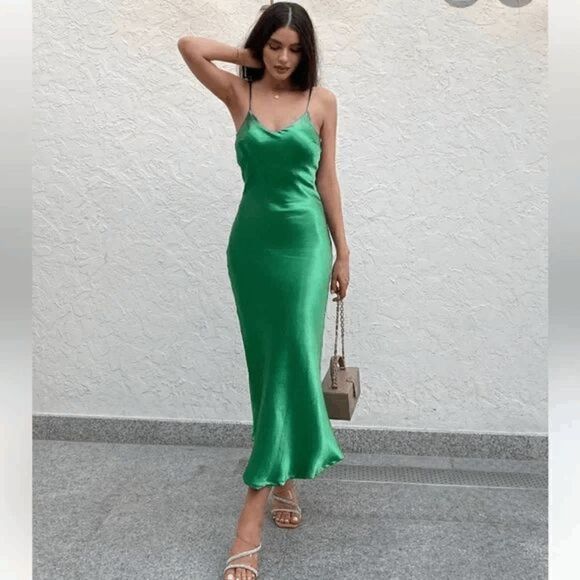 SATIN LINGERIE STYLE DRESS BRIGHT GREEN ZARA - Picture 1 of 13
